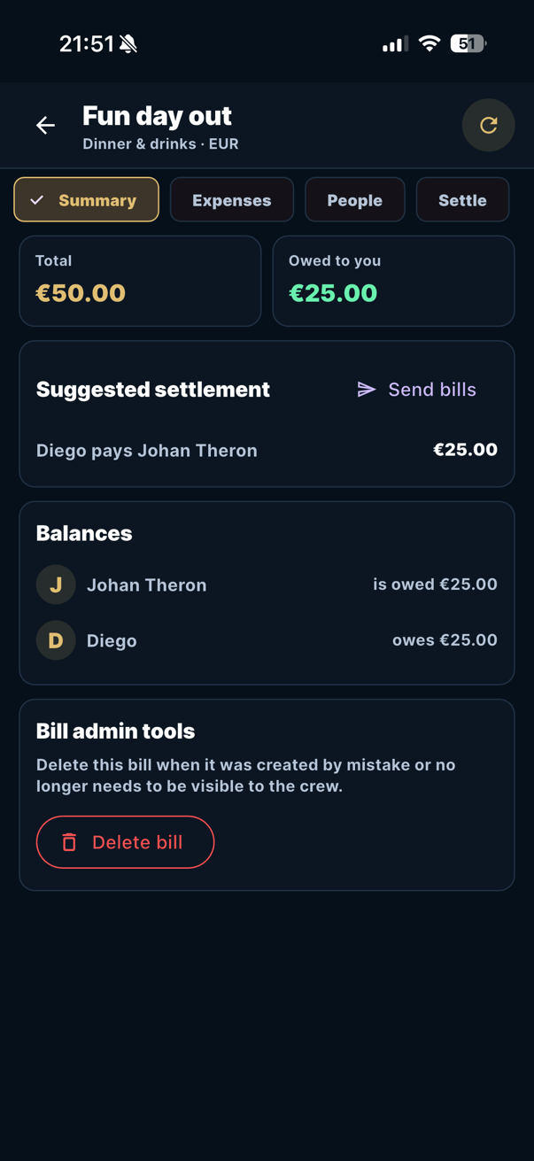 Shared bill split screen