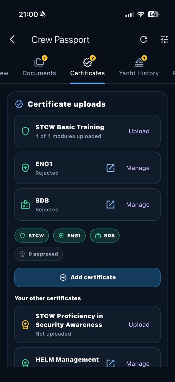Crew certificates screen