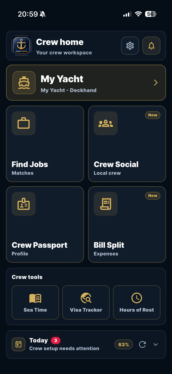 Yacht Swipe crew home screen