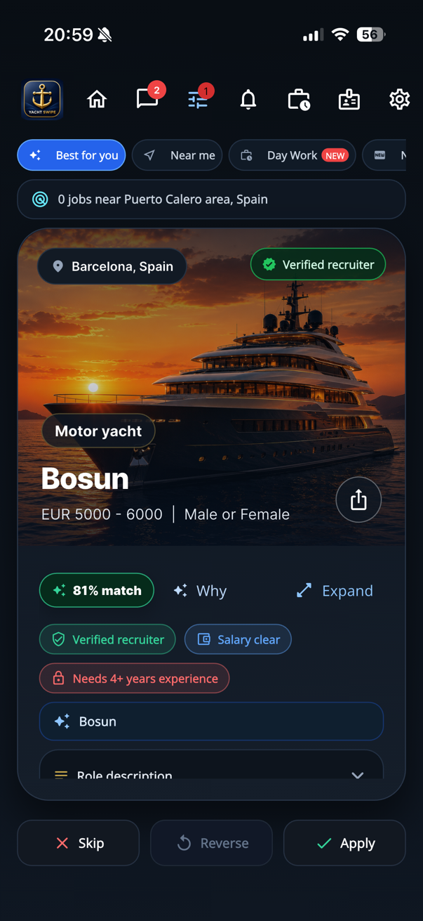 Yacht Swipe job discovery screen