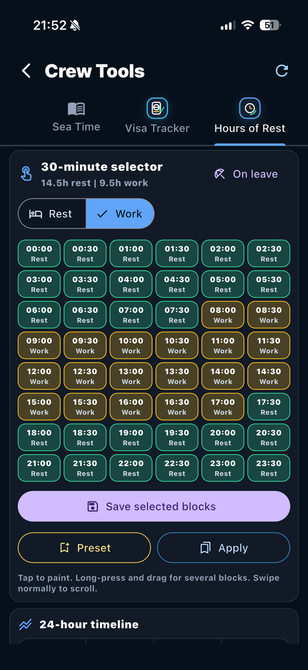 Hours of rest screen