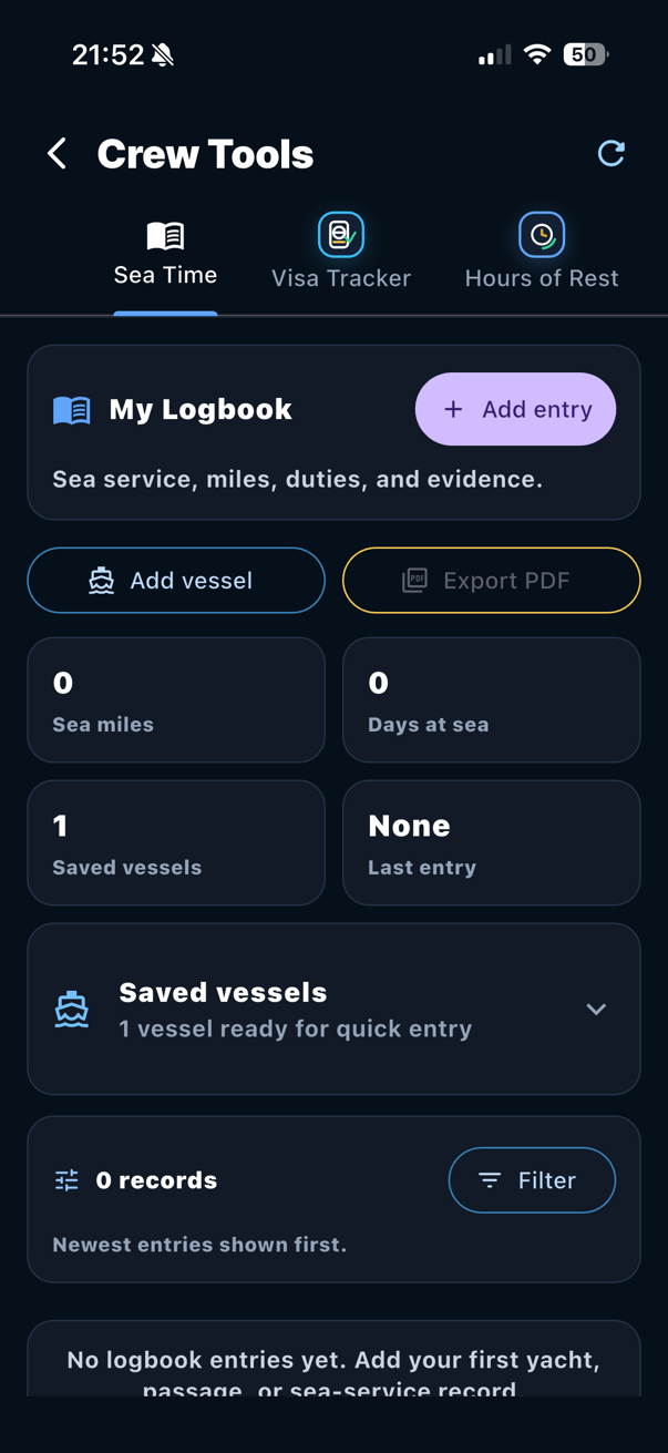 Sea time log screen