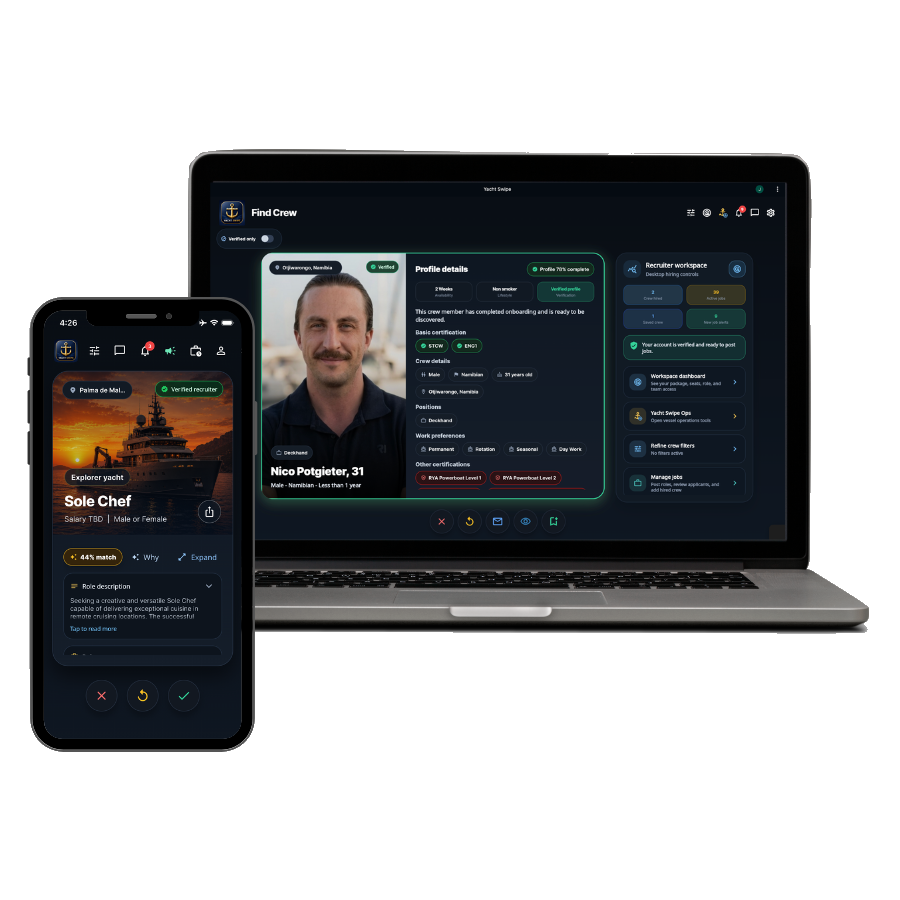 Yacht Swipe app screens shown on mobile and laptop devices