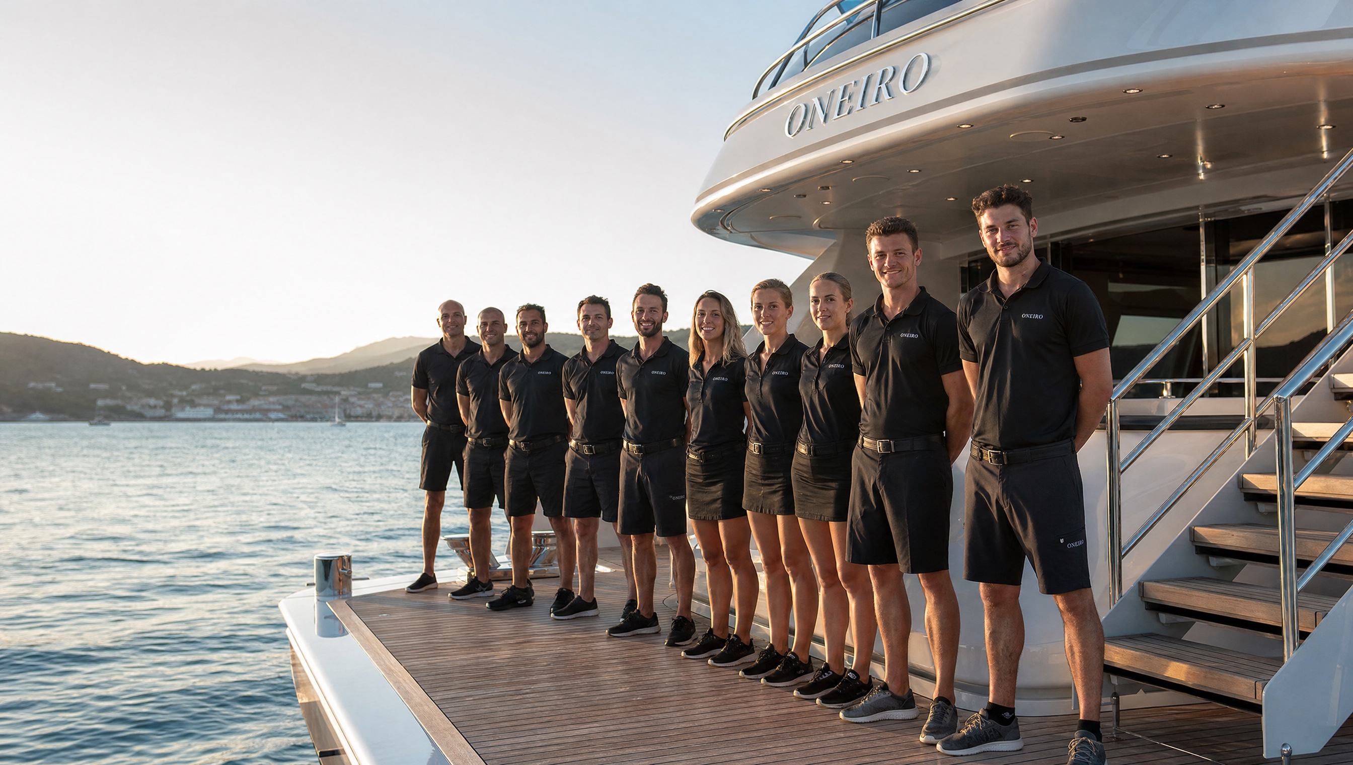 Yacht crew standing together aboard a yacht