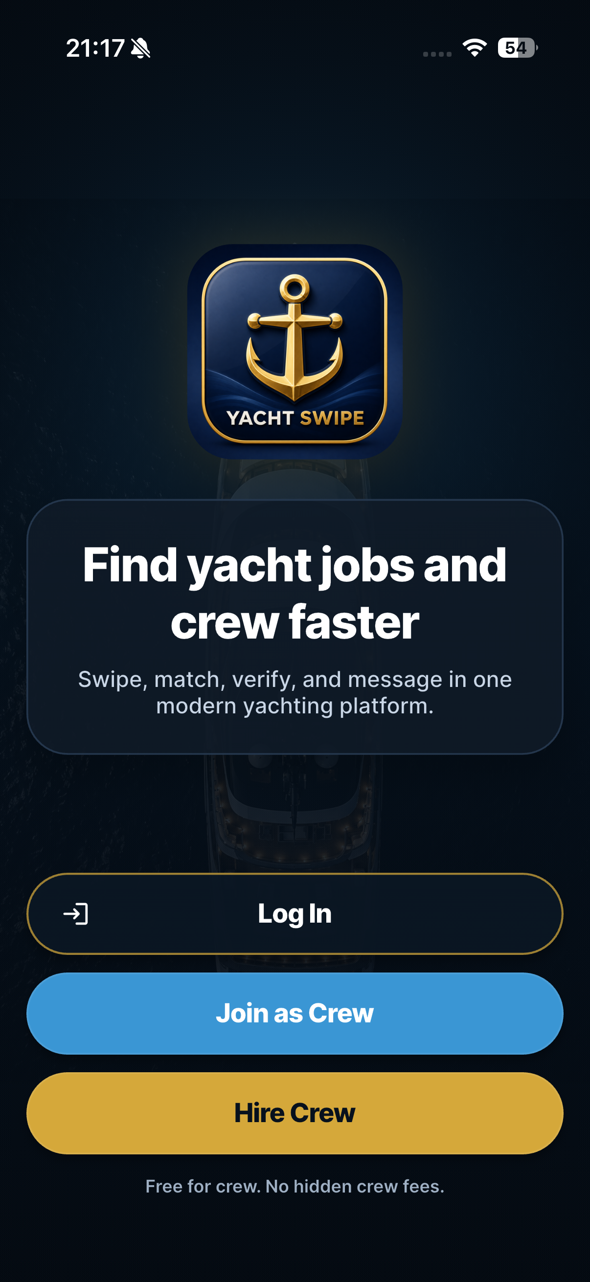 Yacht Swipe mobile app screen