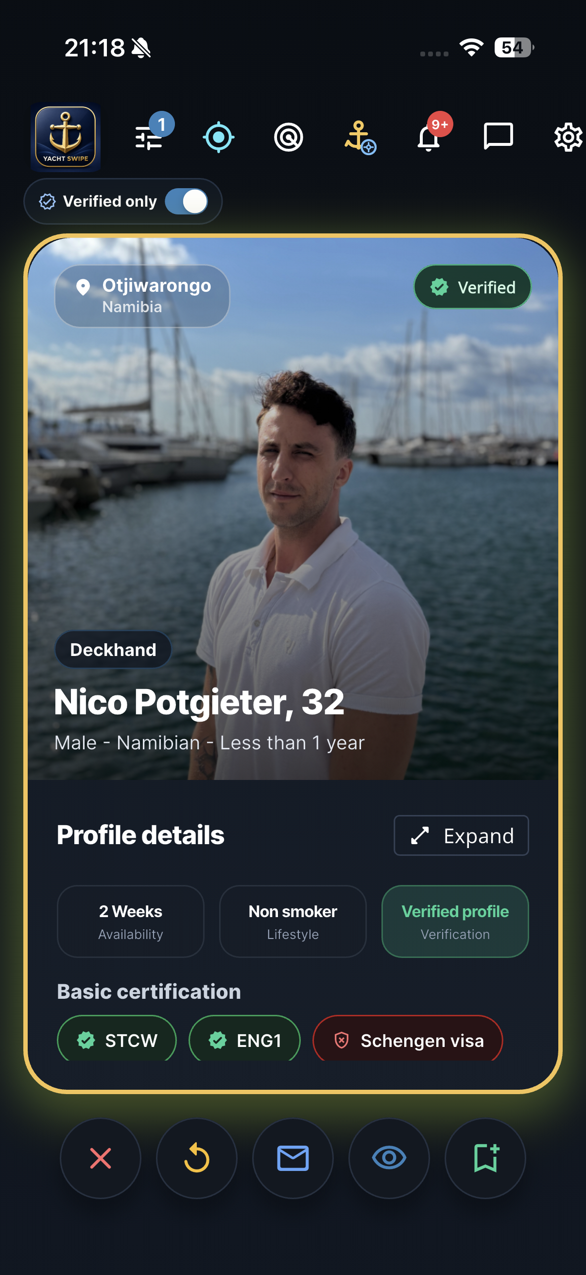 Yacht Swipe crew profile screen